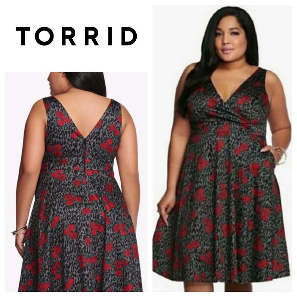 Torrid Gray Animal Leopard Print Rose Fit & Flare Skater Dress sz 18 pockets nwt
